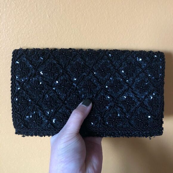 Handmade Beaded Envelope Clutch Mini Bag Black - Picture 1 of 8